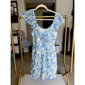 Hollister Blue Floral Mini Dress Size Small Cottagecore Smocked Waist Tie Front